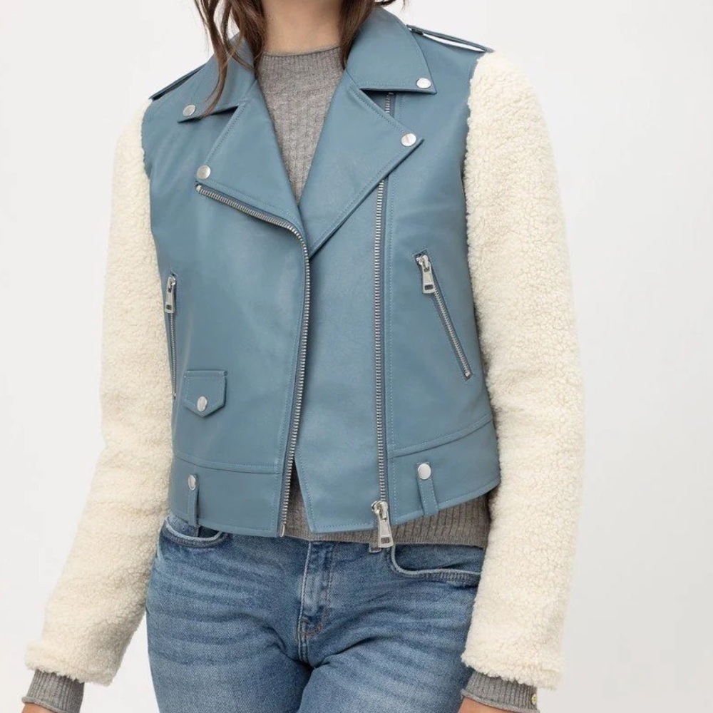 Vici for Love Tree Baby blue w/ Fleece Sleeves Moto Style Faux Leather Jacket